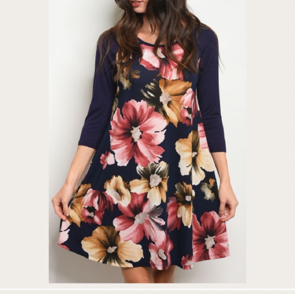 Navy Blue Women's Floral Swing Dress Size Large